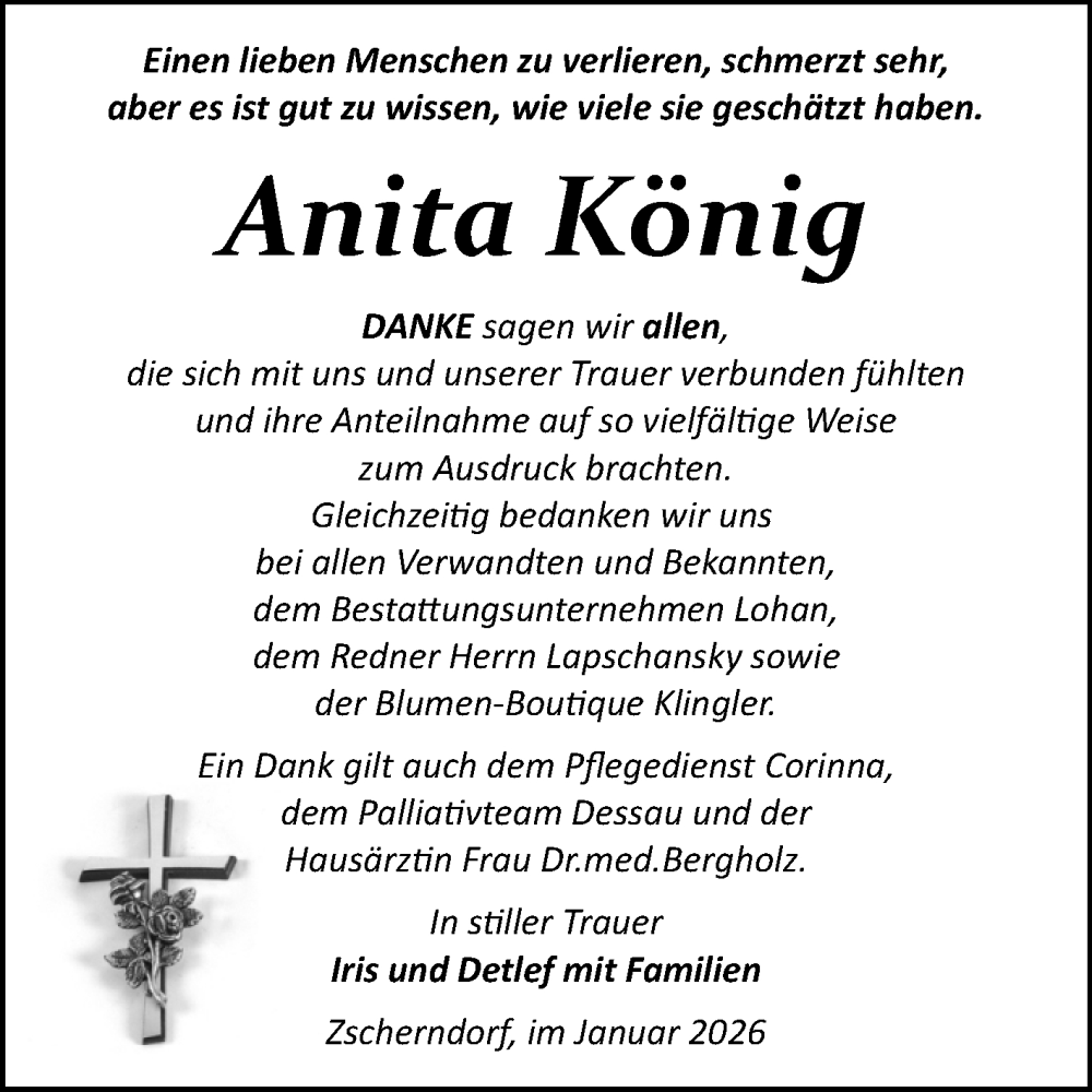  Traueranzeige für Anita König vom 24.01.2026 aus Trauerkombi Bitterfeld