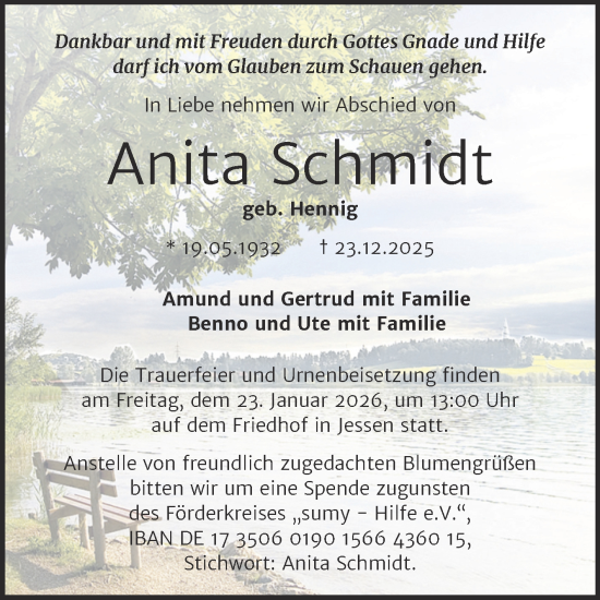 Traueranzeige von Anita Schmidt von Trauerkombi Wittenberg