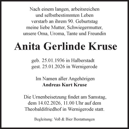 Traueranzeige von Anita Gerlinde Kruse von Volksstimme Wernigerode