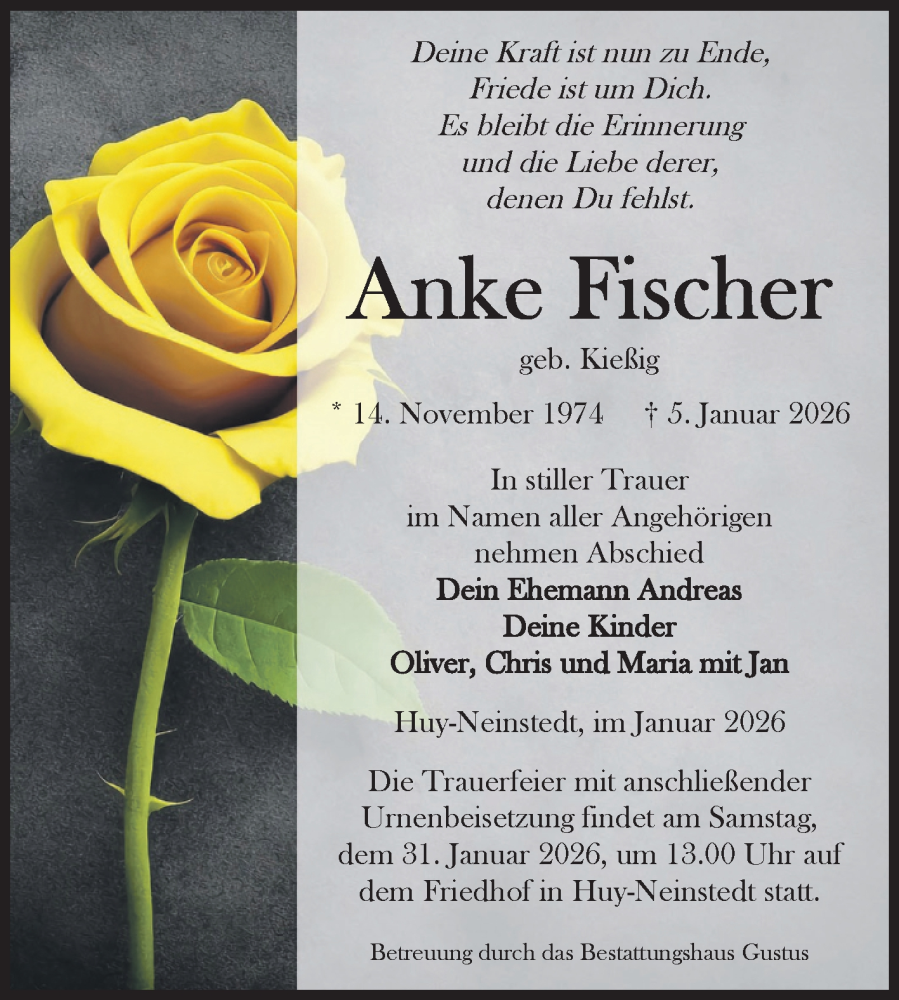  Traueranzeige für Anke Fischer vom 17.01.2026 aus Volksstimme Halberstadt