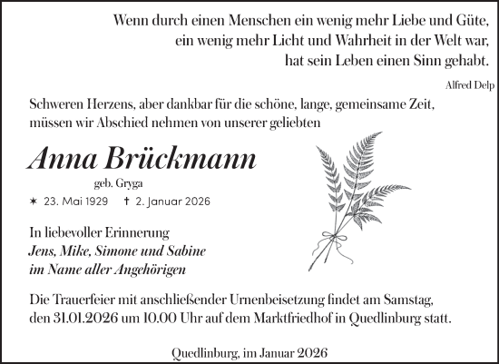 Traueranzeige von Anna Brückmann von Trauerkombi Quedlinburg