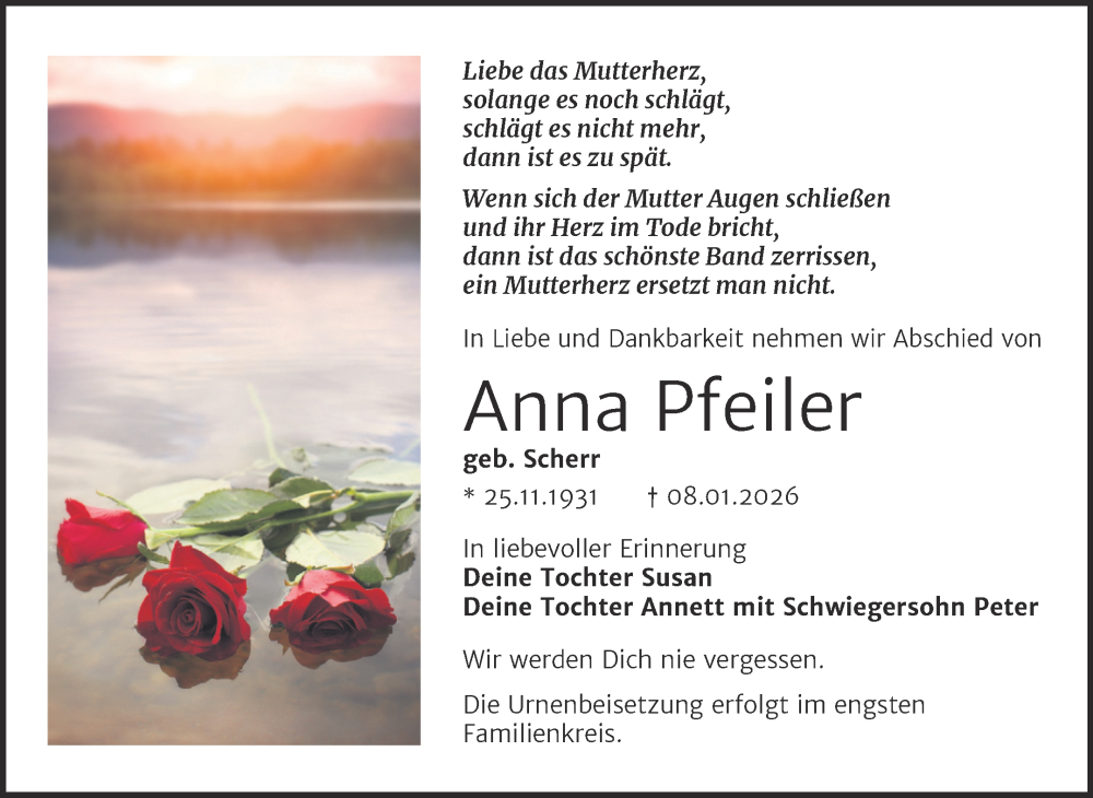  Traueranzeige für Anna Pfeiler vom 24.01.2026 aus Trauerkombi Bitterfeld