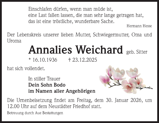 Traueranzeige von Annalies Weichard von Volksstimme Magdeburg