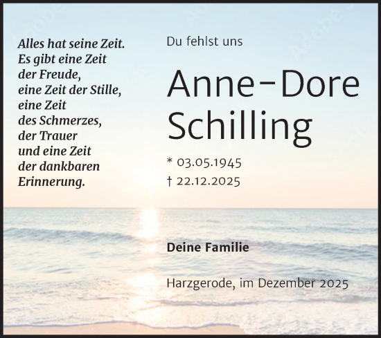Traueranzeige von Anne-Dore Schilling von Trauerkombi Quedlinburg