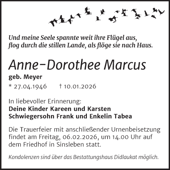 Traueranzeige von Anne-Dorothee Marcus von Trauerkombi Quedlinburg