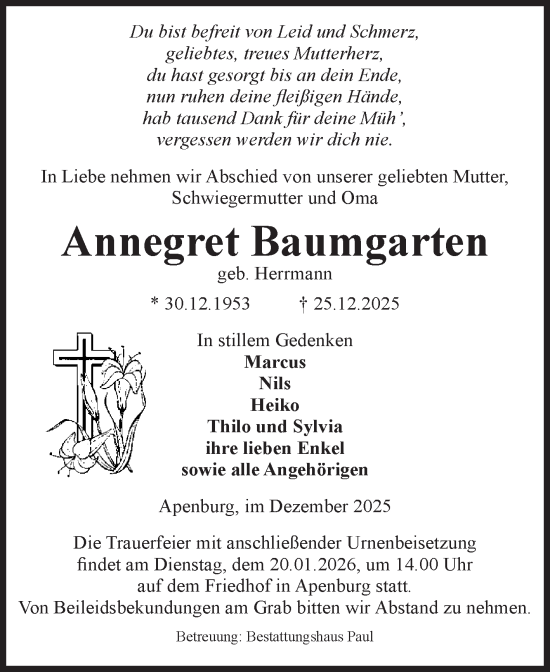 Traueranzeige von Annegret Baumgarten von Volksstimme Altmark West