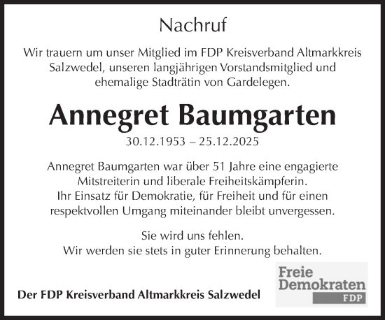 Traueranzeige von Annegret Baumgarten von Volksstimme Altmark West