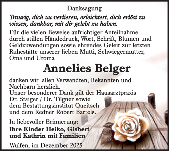Traueranzeige von Annelies Belger von Trauerkombi Köthen