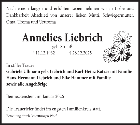 Traueranzeige von Annelies Liebrich von Volksstimme Wernigerode