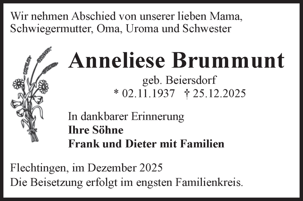  Traueranzeige für Anneliese Brummunt vom 10.01.2026 aus Volksstimme Haldensleben/Wolmirstedt