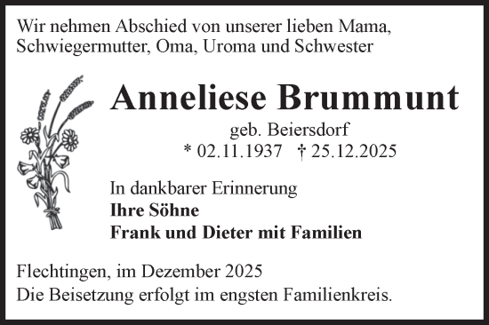 Traueranzeige von Anneliese Brummunt von Volksstimme Haldensleben/Wolmirstedt