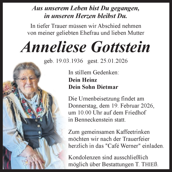 Traueranzeige von Anneliese Gottstein von Volksstimme Wernigerode