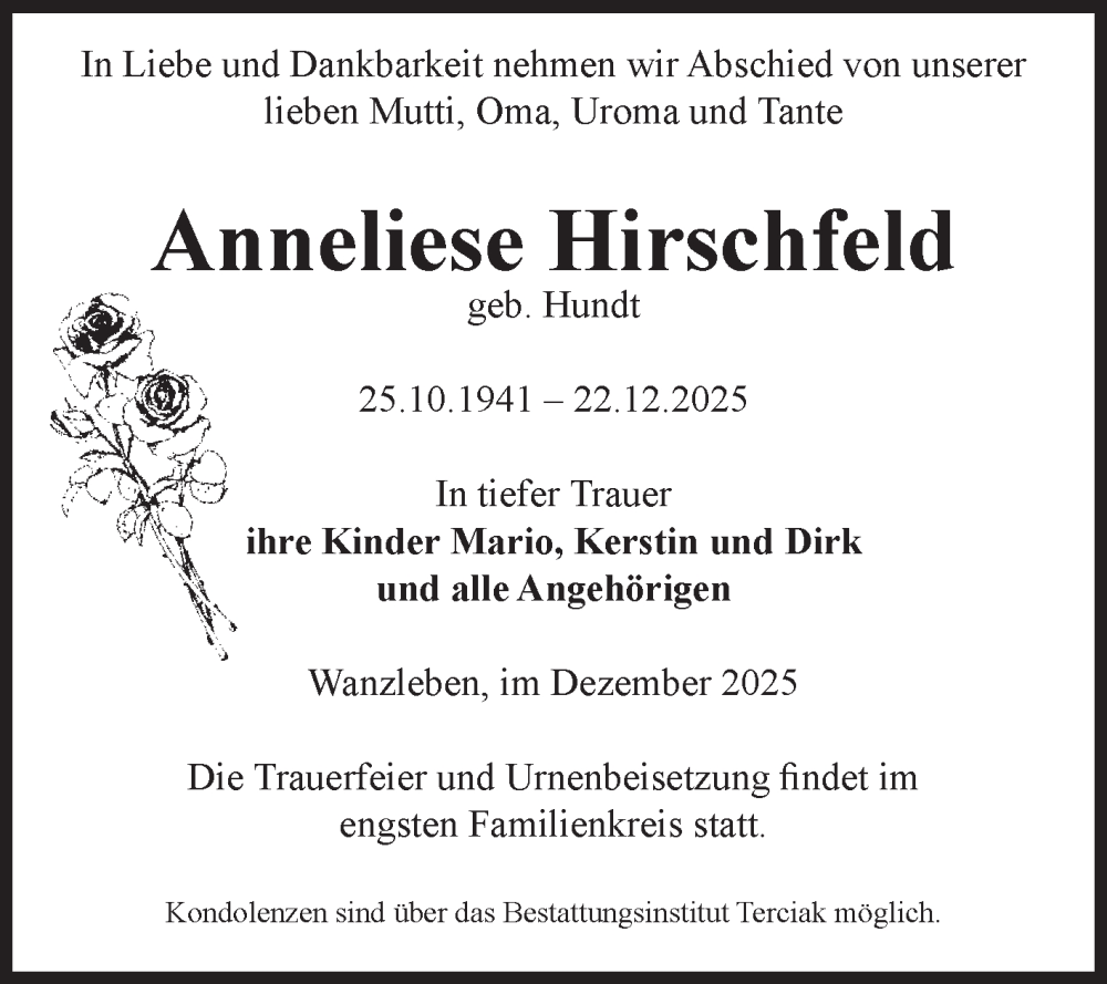  Traueranzeige für Anneliese Hirschfeld vom 03.01.2026 aus Volksstimme Oschersleben/Wanzleben