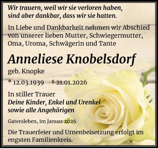 Traueranzeige von Anneliese Knobelsdorf von Trauerkombi Aschersleben