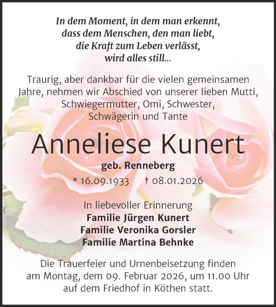 Traueranzeige von Anneliese Kunert von Trauerkombi Köthen