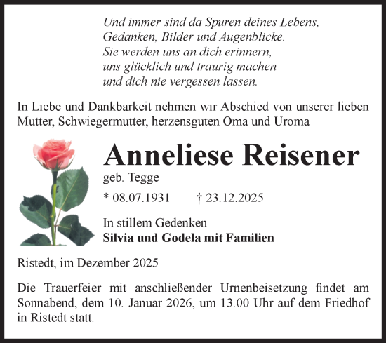 Traueranzeige von Anneliese Reisener von Volksstimme Altmark West