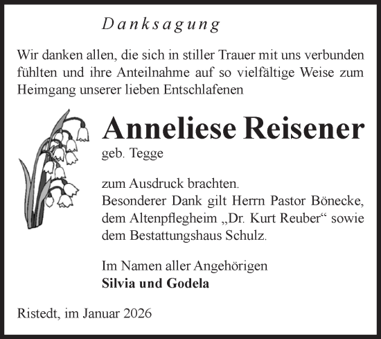 Traueranzeige von Anneliese Reisener von Volksstimme Altmark West