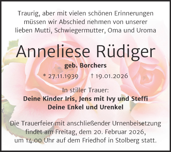 Traueranzeige von Anneliese Rüdiger von Trauerkombi Sangerhausen