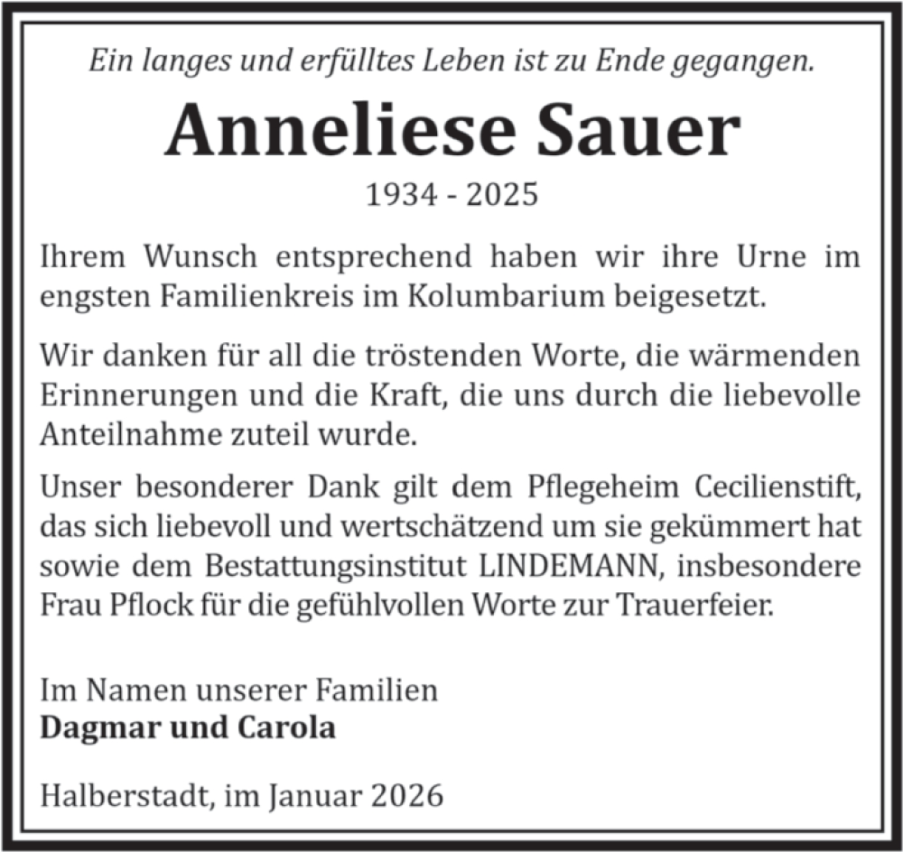  Traueranzeige für Anneliese Sauer vom 17.01.2026 aus Volksstimme Halberstadt