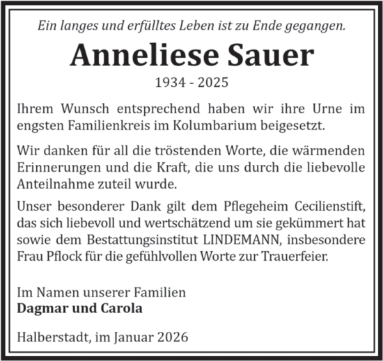 Traueranzeige von Anneliese Sauer von Volksstimme Halberstadt