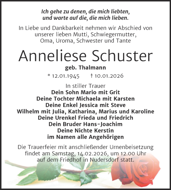 Traueranzeige von Anneliese Schuster von Trauerkombi Wittenberg