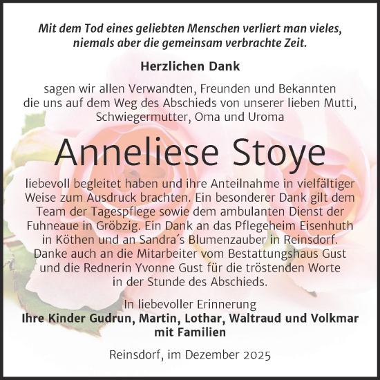 Traueranzeige von Anneliese Stoye von Trauerkombi Köthen