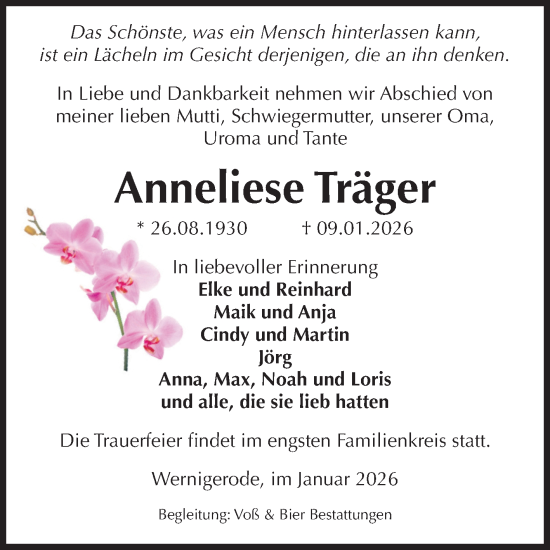 Traueranzeige von Anneliese Träger von Volksstimme Wernigerode