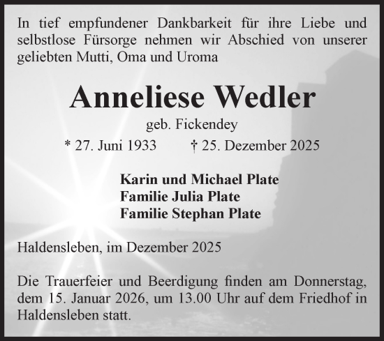 Traueranzeige von Anneliese Wedler von Volksstimme Haldensleben/Wolmirstedt