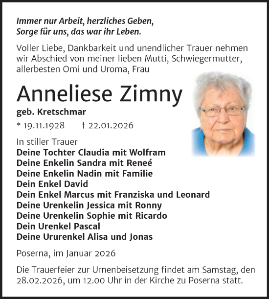 Traueranzeige von Anneliese Zimny von Trauerkombi Weißenfels