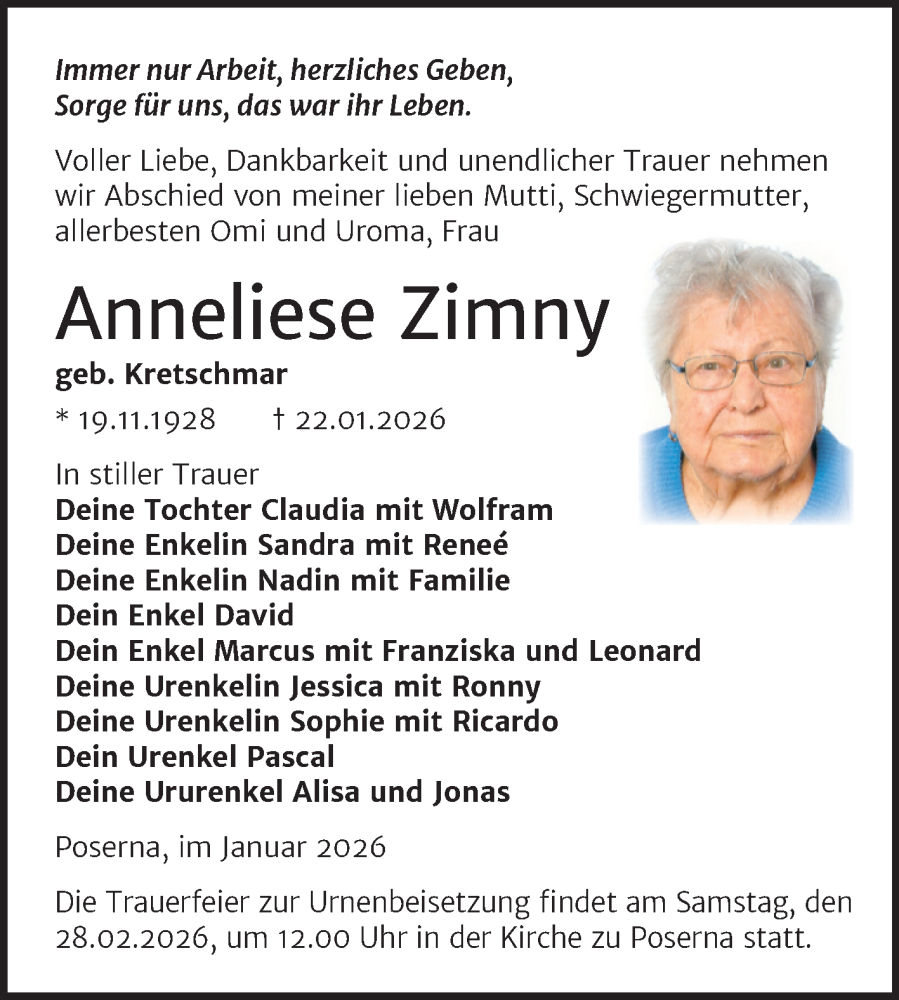  Traueranzeige für Anneliese Zimny vom 31.01.2026 aus Trauerkombi Weißenfels
