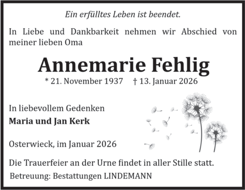  Traueranzeige für Annemarie Fehlig vom 24.01.2026 aus Volksstimme Halberstadt