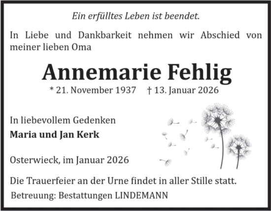 Traueranzeige von Annemarie Fehlig von Volksstimme Halberstadt