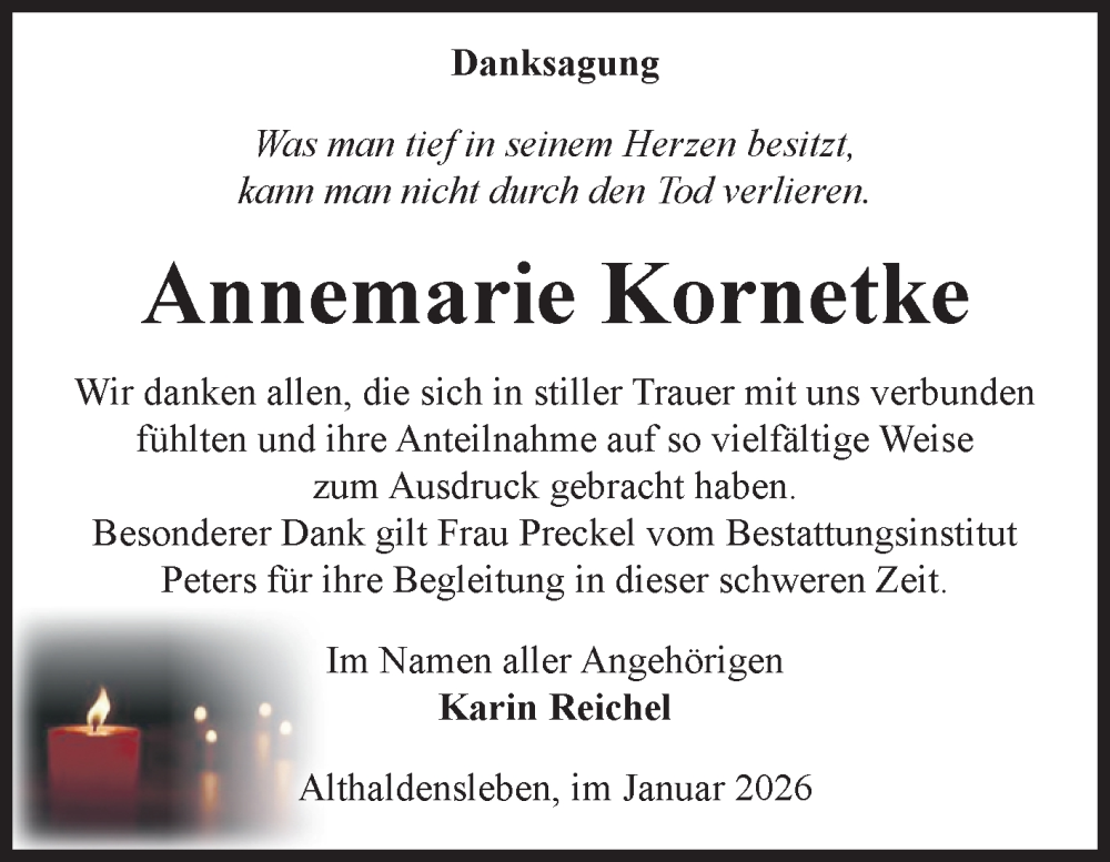  Traueranzeige für Annemarie Kornetke vom 24.01.2026 aus Volksstimme Haldensleben/Wolmirstedt