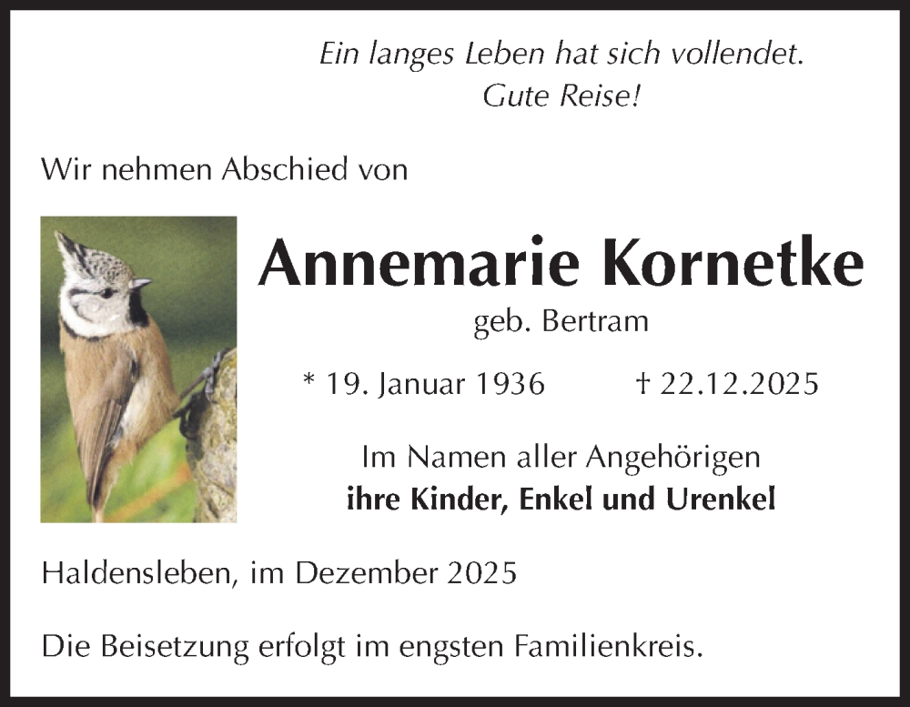  Traueranzeige für Annemarie Kornetke vom 03.01.2026 aus Volksstimme Haldensleben/Wolmirstedt