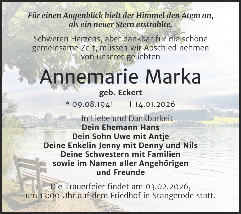  Traueranzeige für Annemarie Marka vom 31.01.2026 aus Trauerkombi Mansfelder Land
