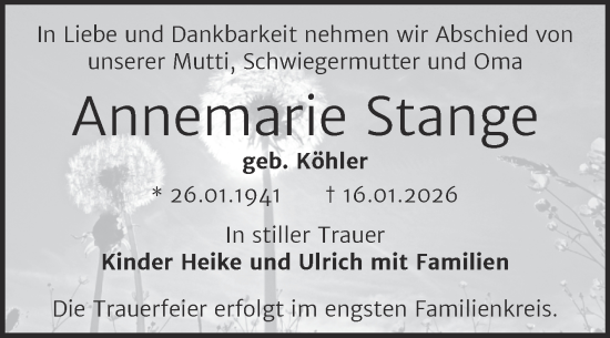 Traueranzeige von Annemarie Stange von Trauerkombi Bernburg