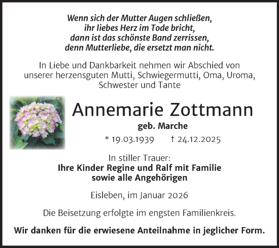Traueranzeige von Annemarie Zottmann von Trauerkombi Mansfelder Land