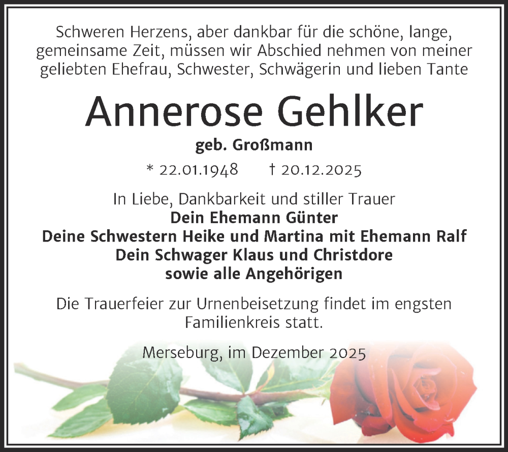  Traueranzeige für Annerose Gehlker vom 03.01.2026 aus Trauerkombi Merseburg