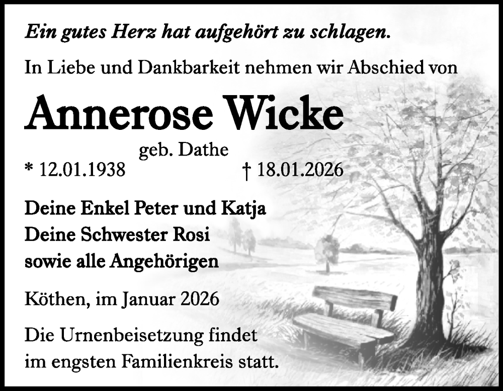 Traueranzeige für Annerose Wicke vom 28.01.2026 aus Trauerkombi Köthen