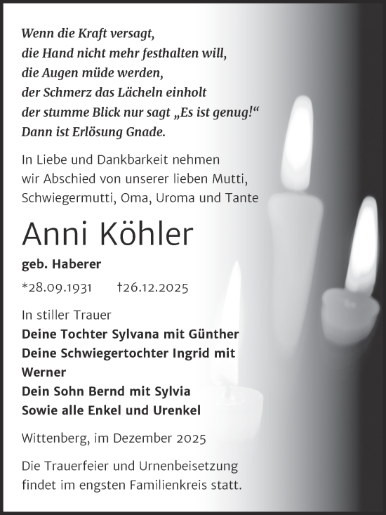 Traueranzeige von Anni Köhler von Trauerkombi Wittenberg