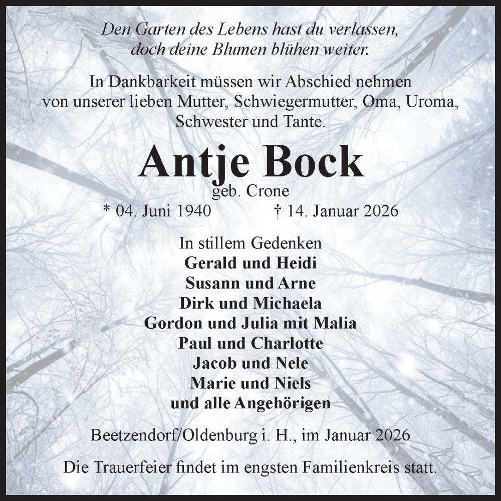  Traueranzeige für Antje Bock vom 22.01.2026 aus Volksstimme Altmark West