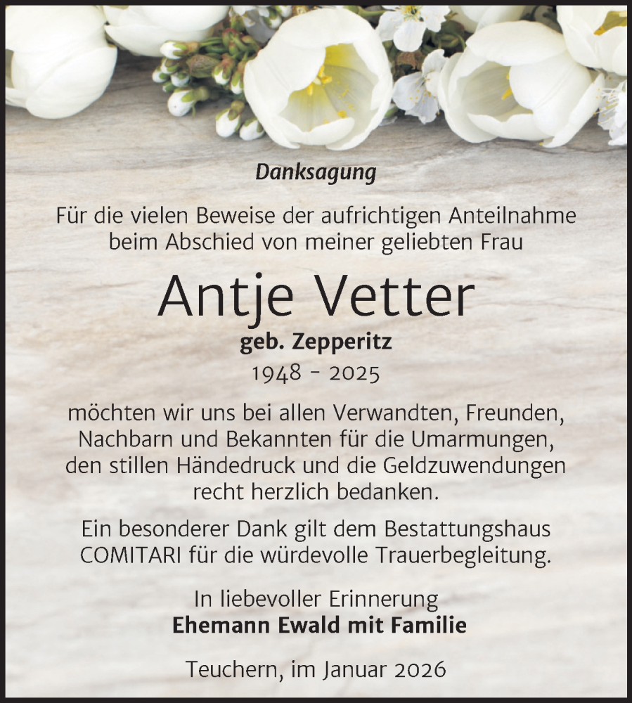  Traueranzeige für Antje Vetter vom 10.01.2026 aus Trauerkombi Weißenfels