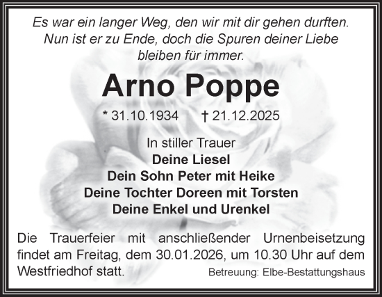 Traueranzeige von Arno Poppe von Volksstimme Magdeburg