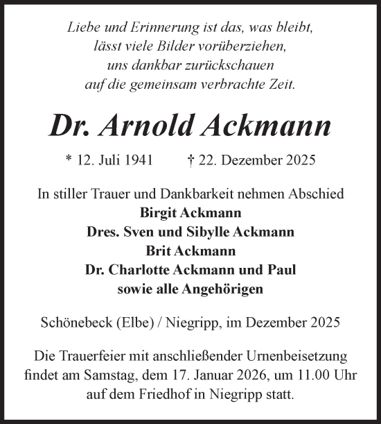 Traueranzeige von Arnold Ackmann von Volksstimme Burg/Genthin