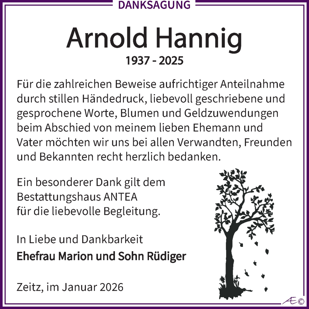  Traueranzeige für Arnold Hannig vom 17.01.2026 aus Trauerkombi Zeitz