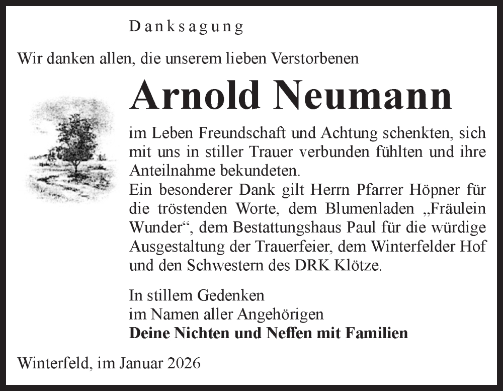  Traueranzeige für Arnold Neumann vom 16.01.2026 aus Volksstimme Altmark West