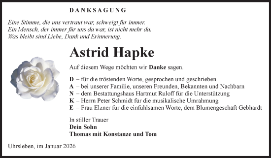 Traueranzeige von Astrid Hapke von Volksstimme Haldensleben/Wolmirstedt
