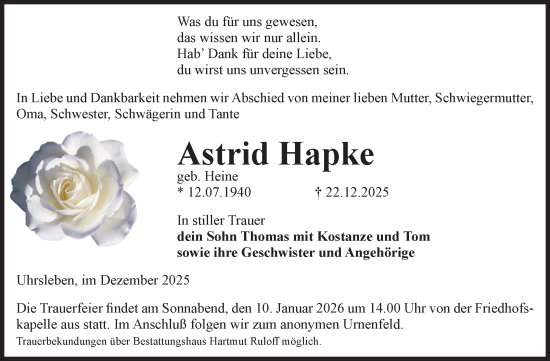 Traueranzeige von Astrid Hapke von Volksstimme Haldensleben/Wolmirstedt