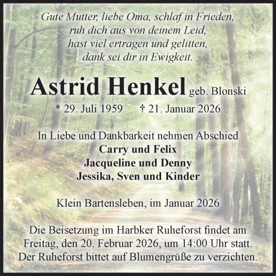Traueranzeige von Astrid Henkel von Volksstimme Haldensleben/Wolmirstedt