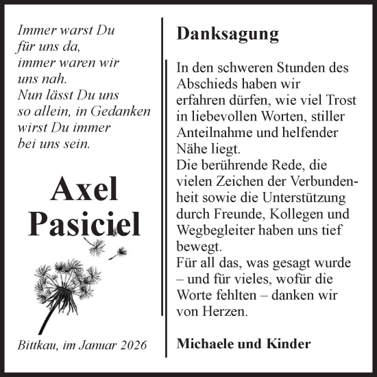 Traueranzeige von Axel Pasiciel von Volksstimme Altmark Ost